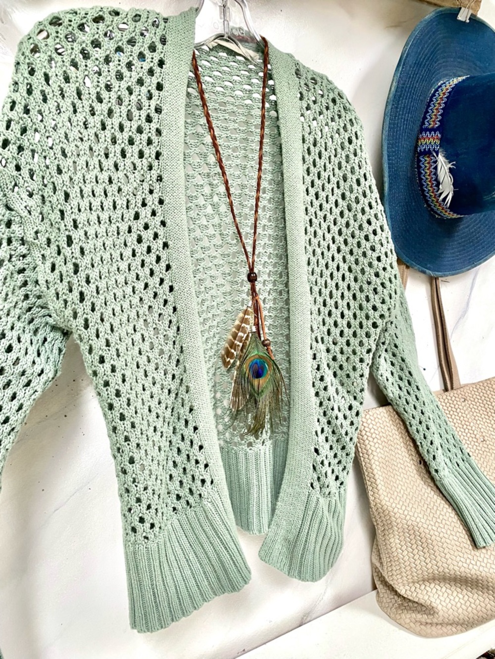 Mesh Sage green Semi sheer crochet/cover up boho Cardi w shabby chic beach vibe - Picture 5 of 15